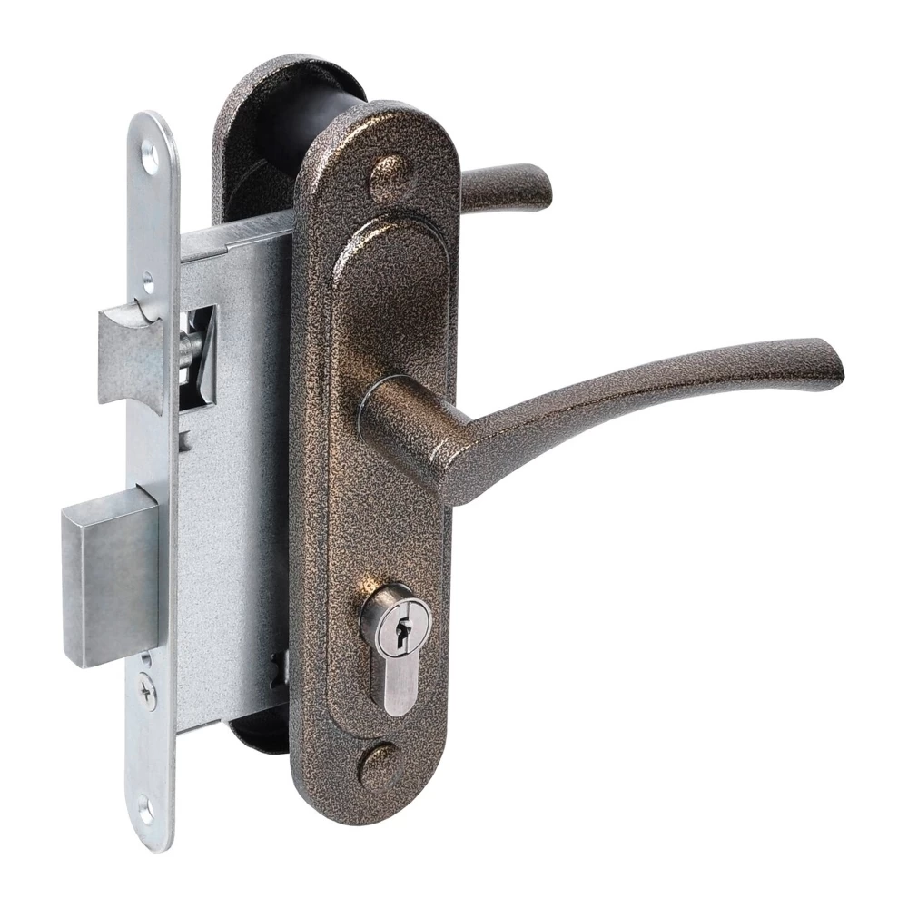 Фото Замок врезной цилиндровый с защёлкой в комплекте с ручкой ЗВ4-3/07 (бронза антик), 4 кл.